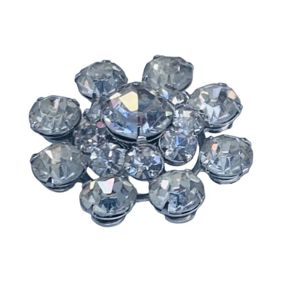 Vintage Silver Tone Flower Brooch Pin 1" Layered Snowflake Icy Rhinestone - Picture 6 of 7